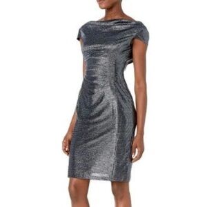 Tahari Metallic Draped Neck Cocktail Evening Party Dress size 6P NWT